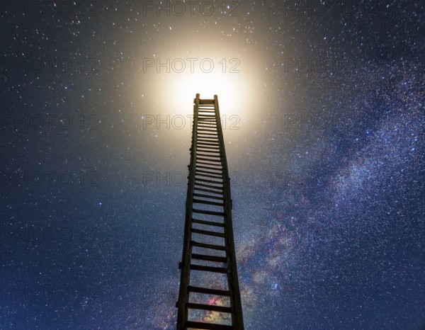 A ladder extends toward the glowing full moon against a starry night sky, evoking dreams and aspiration within a cosmic, surreal landscape filled with wonder and exploration beyond limits, AI generated