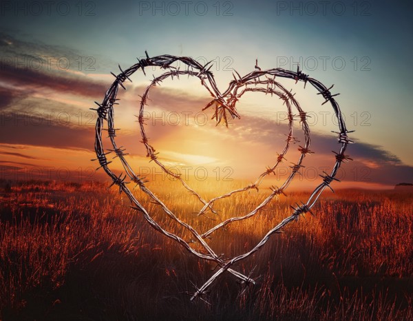 A symbolic depiction of a red heart entwined in barbed wire, set against a blurred warm-toned bokeh background, embodying themes of emotional conflict and love under challenging circumstances, AI generated