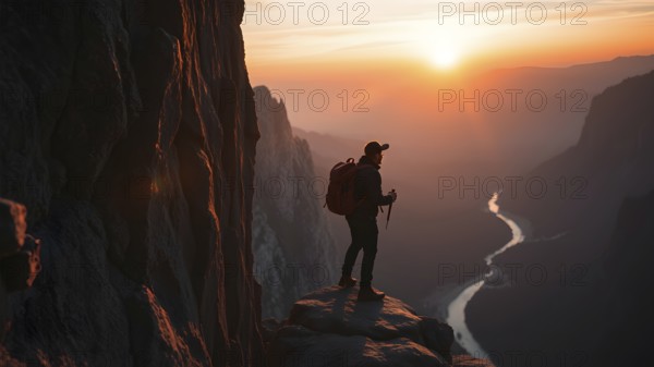 Far silhouette of exploration of an adventurous traveler on the blink of the cliff. AI generated image, ai