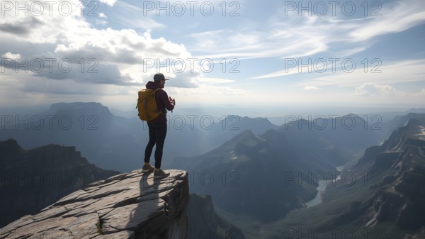 Far silhouette of exploration of an adventurous traveler on the blink of the cliff. AI generated image, ai