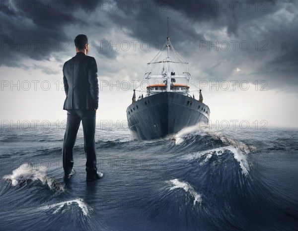 A surreal and contemplative scene of a businessman standing alone on a boat over calm ocean waters. The setting evokes introspection, isolation, and determination amidst serene and tranquil surroundings, AI generated