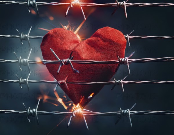 A symbolic depiction of a red heart entwined in barbed wire, set against a blurred warm-toned bokeh background, embodying themes of emotional conflict and love under challenging circumstances, AI generated