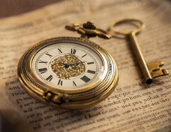 A classic golden pocket watch and ornate key resting atop an aged newspaper, symbolizing time and heritage. The scene exudes vintage charm and historical nostalgia, ideal for themes of timeless beauty, AI generated