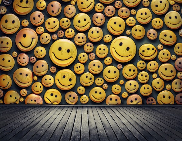 Colorful illustration featuring a seamless pattern of cheerful smiley faces on a blue surface, evoking happiness and positivity, AI generated