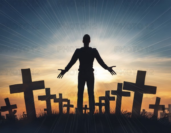 A silhouette of a lone figure walking off a gravestone, The scene evokes Resurrection thoughts emotional depth, AI generated