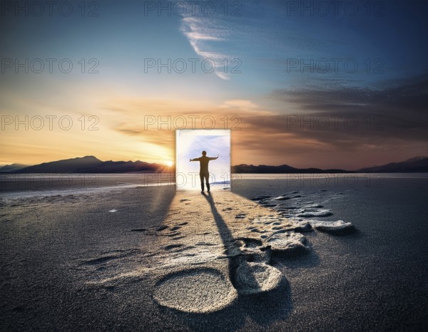 Concept Spirituality, Afterlife, Light Energy, Transcendence, Reality. Soul transcends through light portal exploring afterlife and spirituality, AI generated