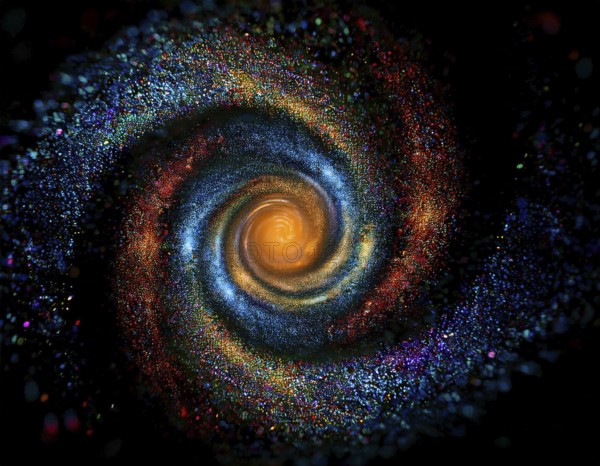 Abstract representation of a colorful swirling galaxy formed by vibrantly arranged particles and specks on a dark background, evoking the mysteries and allure of infinite space and artistic expression, AI generated