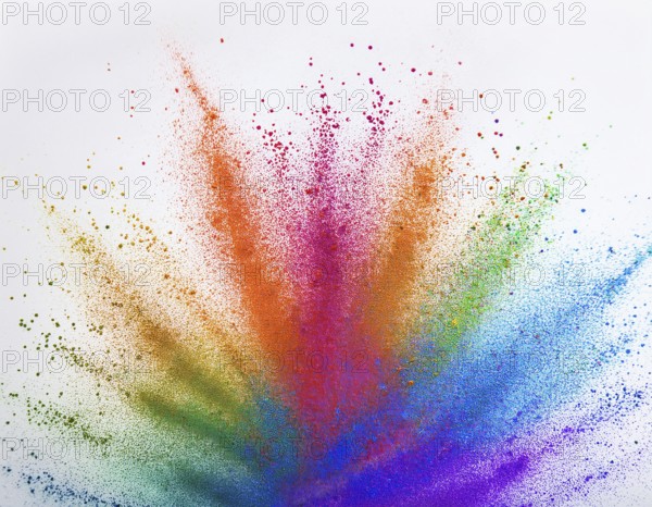 Vibrant and energetic multicolored powder explosion captured against awhite background. Evoking festival celebrations reminiscent of Holi, with dynamic motion and graphic potential for creative artistic projects, AI generated