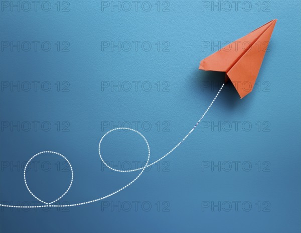 Simple artwork depicting a stylized paper airplane soaring gracefully with a looped trajectory. Ideal for creativity, innovation, and adventure-related concepts in design or storytelling, AI generated