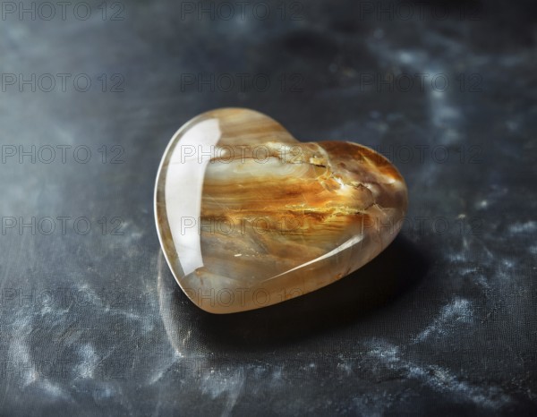 A heart-shaped gemstone with vivid colors placed on a textured surface, capturing an elegant and romantic atmosphere, AI generated