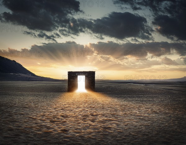 Glowing door is a portal to another world. Mysterious door with glowing light, AI generated