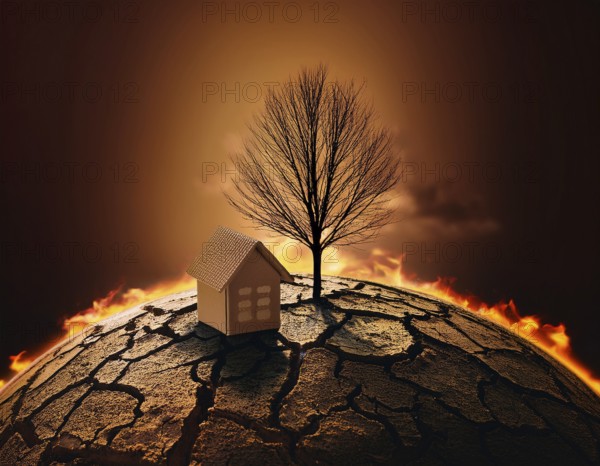 A miniature house and bare tree on cracked soil with a vivid orange sunset, symbolizing environmental challenges and resilience, AI generated