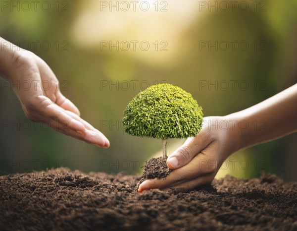 Close-up of hands cradling a small leafy plant, symbolizing growth, care, and sustainability in nature, AI generated