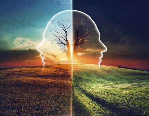 A miniature house and bare tree on cracked soil with a vivid orange sunset, symbolizing environmental challenges and resilience, AI generated