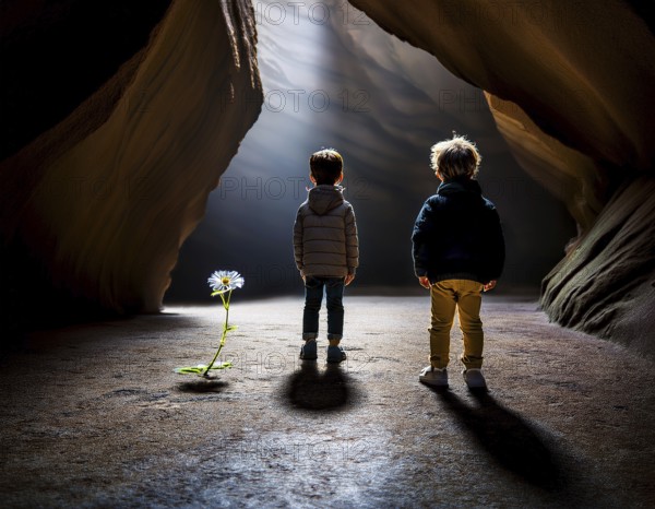 A dark canyon with a child standing near a blooming yellow flower, symbolizing hope in solitude, AI generated