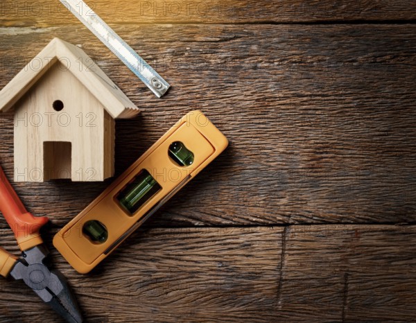A detailed layout of miniature wooden houses accompanied by various tools on a textured wooden surface, portraying concepts of construction, renovation, craftsmanship, and home improvement, AI generated