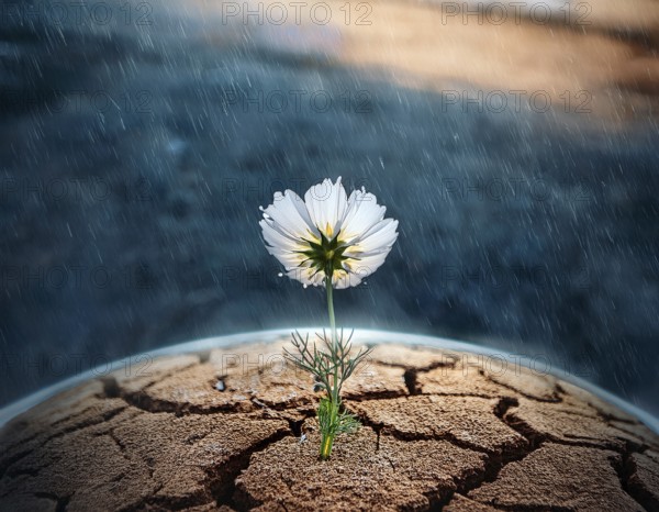 Flower grows from cracked earth under a rainfall, embodying resilience, hope, and renewal amidst adversity, emphasizing nature's ability to flourish even in challenging conditions, AI generated