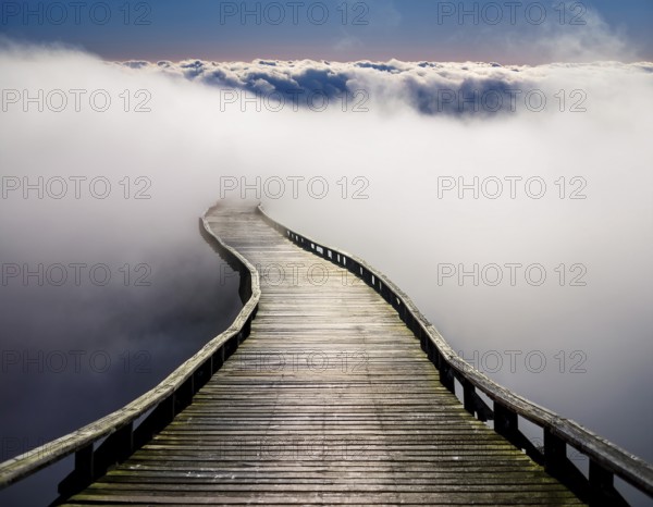 Curved wooden boardwalk disappearing into a thick white mist under a calm sky. This scenic view portrays tranquility, mystery, and a journey into the unknown with its surreal atmospheric setting, AI generated