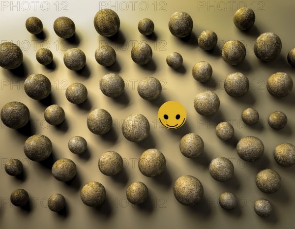 Wooden balls feature faces, one smiling among sad expressions, representing positivity or individuality, AI generated