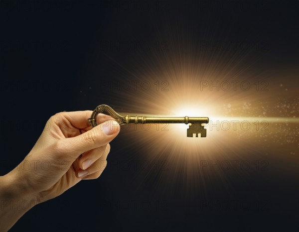 A hand holds an antique key, leading to a bright light in a keyhole shape, symbolizing opportunity, access, and unlocking potential, AI generated