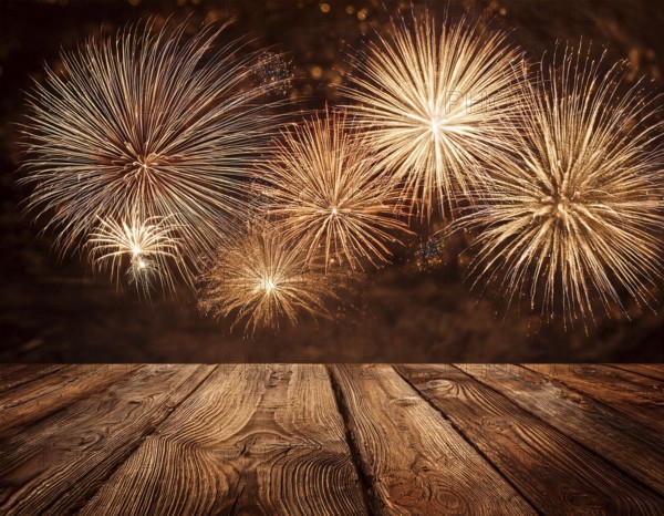 Elegant Fireworks Display Over Wooden Deck During Night Celebration, AI generated