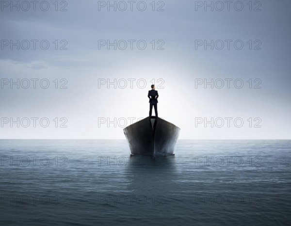 A surreal and contemplative scene of a businessman standing alone on a boat over calm ocean waters. The setting evokes introspection, isolation, and determination amidst serene and tranquil surroundings, AI generated