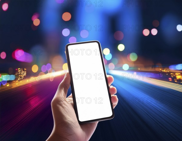 Hand holding a smartphone with a blank screen above a motion-blurred, colorful light background, AI generated
