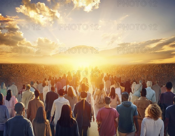 A group of individuals walks along the ground, silhouetted by a large setting sun, creating a dramatic and warm composition, AI generated