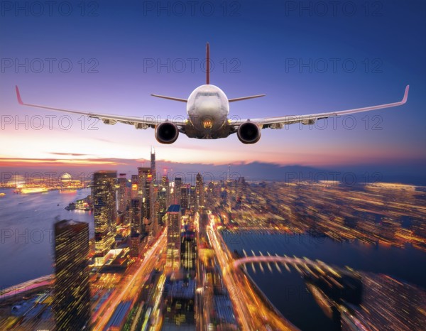 A breathtaking depiction of a commercial aircraft soaring majestically above a vibrant city illuminated below during a vivid sunset, evoking exploration, adventure, and the marvels of aviation, AI generated