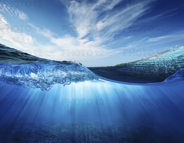 Water wave under blue sky. . Water wave with bubbles, AI generated