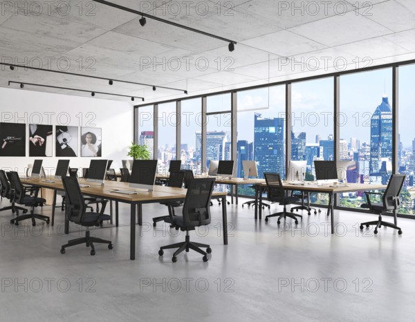 Modern coworking space with laptops, coffee cups, and plants in daylight, reflecting creativity, teamwork, and productivity, AI generated
