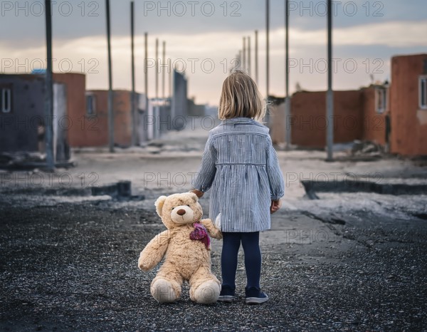A young child stands alone holding a teddy bear in an urban outdoor setting, symbolizing innocence and isolation, AI generated