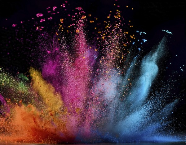 A colorful explosion powder on black background.. Multicolored powder explosion, AI generated