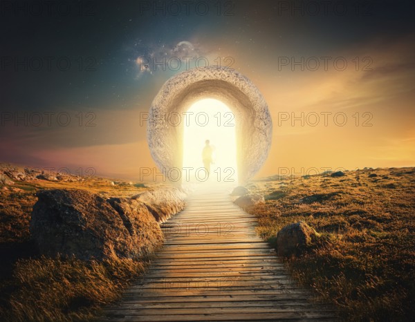 Concept Spirituality, Afterlife, Light Energy, Transcendence, Reality. Soul transcends through light portal exploring afterlife and spirituality, AI generated