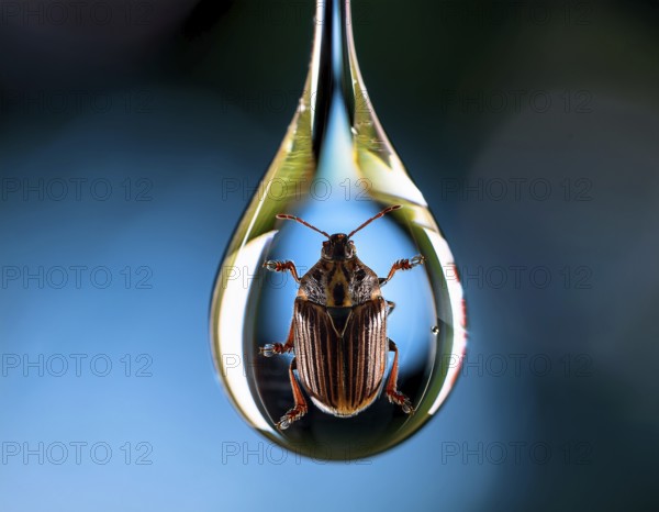 A close-up artistic depiction of a insect inside a water droplet, floating on ripples. Evoking notions of nature's beauty, tranquility, and delicate life forms, AI generated