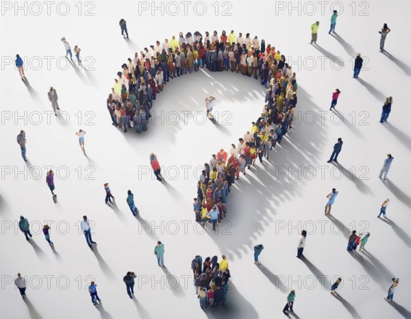 Large group of people arranged in the shape of a question mark, symbolizing inquiry or uncertainty, on a white background, with scattered individuals contributing to the concept of exploration and community, AI generated