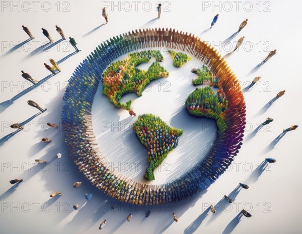 A vibrant image showcasing a diverse group of people encircling a colorful earth depiction, symbolizing unity, connection, and harmony across the globe, representing global culture, mutual respect, and human solidarity, AI generated