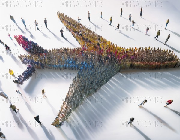 A creative illustration emphasizing teamwork and unity, depicting people arranged to shape an airplane on a white background, symbolizing travel, collaboration, and collective effort in achieving aspirations, AI generated