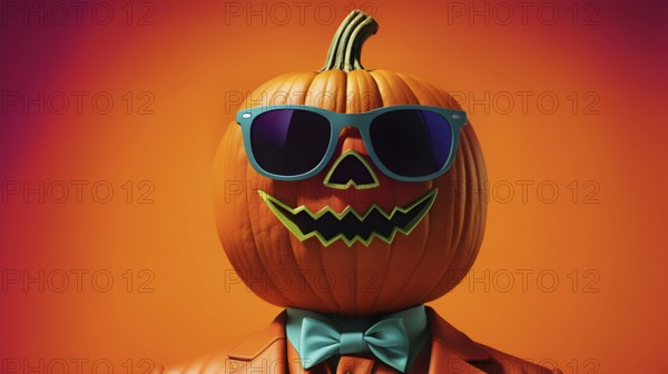 Carved Halloween pumpkin character in sunglasses and green blue bow tie wearing an orange suit, on orange background. AI generated