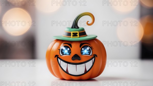 A cheerful pumpkin with a witch hat, sparkling blue eyes, and big white teeth, set against a blurred background. AI generated