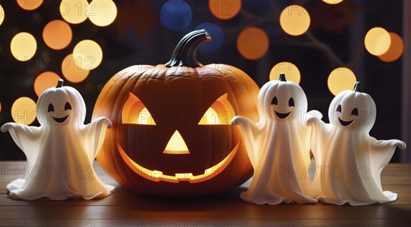 Trio of ghosts, three cute lovely childish baby ghosts on wooden table next to glowing carved Halloween jack-o-lantern pumpkin, lights in the background, warm soft light. AI generated