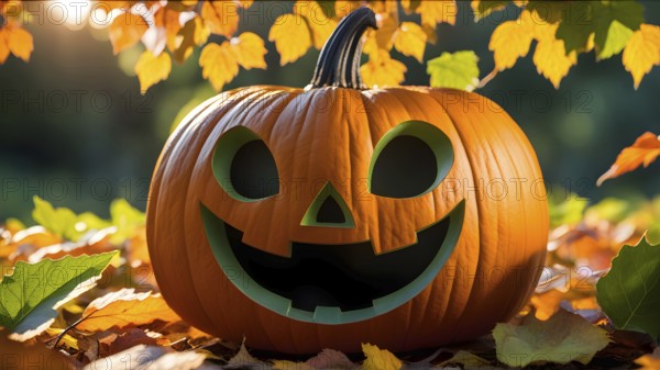 Carved friendly smiling Halloween pumpkin on fallen autumn leaves under the tree in the park. AI generated