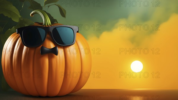 Cool Halloween pumpkin with bow tie mustache wearing sunglasses against whimsical intricate sunset sky blue and orange background with sun and green leaves in the backdrop, Halloween creative background, backdrop, banner, wallpaper with copy space for text. AI generated