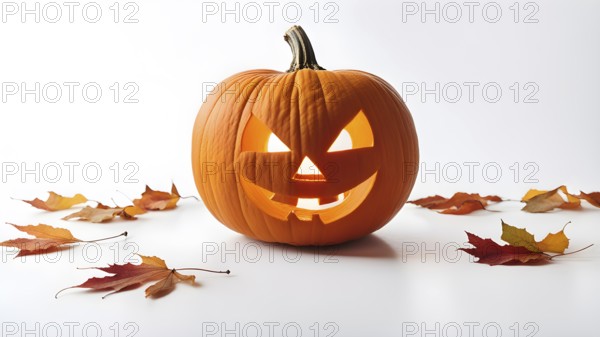 Carved Halloween pumpkin on clean white background, fallen autumn leaves around, copy space. AI generated