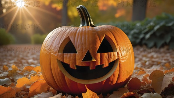 Carved friendly Halloween pumpkin on fallen autumn leaves in the park or forest, sunlight shining through trees in the background, sunrise, sunset. AI generated