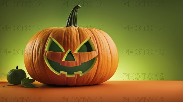 Carved orange Halloween on orange surface, against light green background with clean empty blank copy space for text, Halloween background. AI generated
