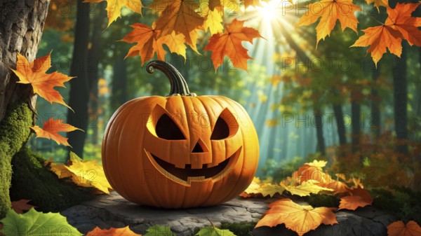 Carved Halloween pumpkin on a stone in the forest under the tree, fallen autumn leaves around, sunlight shining through trees in the background. AI generated