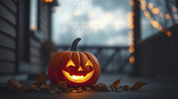 A carved pumpkin with a friendly grin glows softly on a wooden porch, illuminated by its inner light. Autumn leaves scatter around, enhancing the cozy, festive Halloween atmosphere at night. AI generated