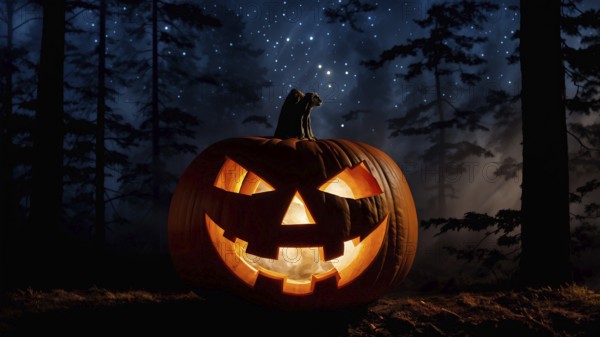 Large single jack-o-lantern, carved Halloween pumpkin in an autumn forest at night under beautiful starry sky, trees in the background. AI generated
