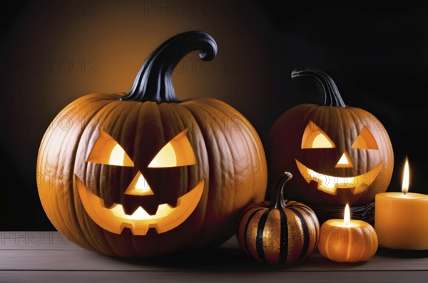 Jack-o-lanterns, carved Halloween pumpkins on a wooden table, minimalistic dark background, candles, Halloween background, Halloween wallpapers, Halloween greeting card, banner. AI generated